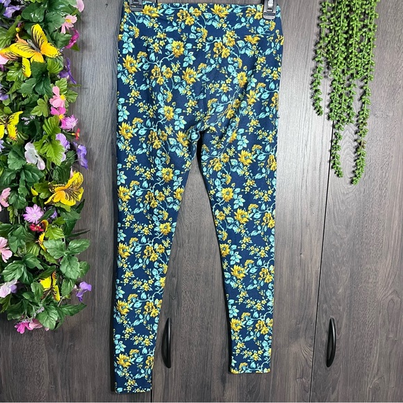 🌸5/$25🌸LulaRoe Floral Printed Blue & Yellow Leggings One Size - Picture 7 of 14